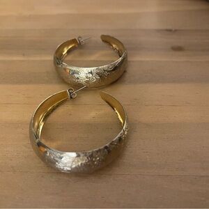 Wide Gold Hoop Earrings with leaf etching